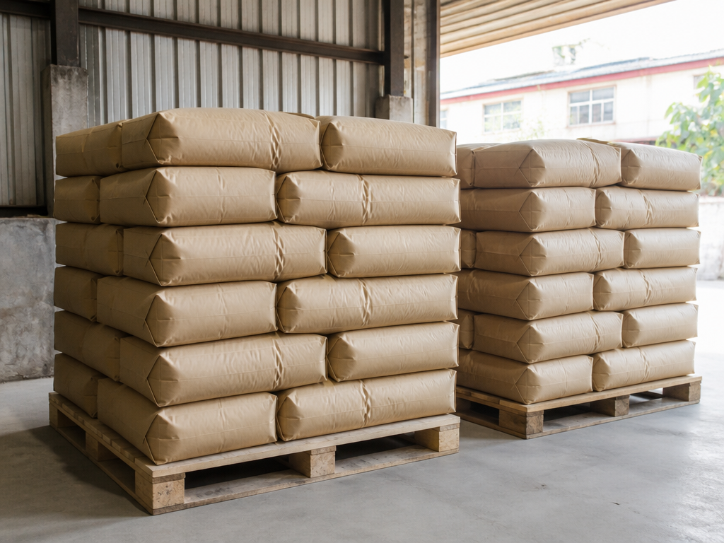 Esquema de método de apilado de pallets: sacos de papel kraft sin impresión sobre dos pallets, con cada capa orientada en dirección alterna, bordes de los sacos alineados con los bordes del pallet