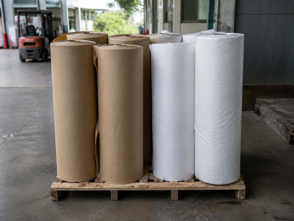 Ilustración de procesamiento con material propio: en el área de recepción, varios rollos de papel kraft y tela tejida blanca sobre palets, a la espera de ser procesados