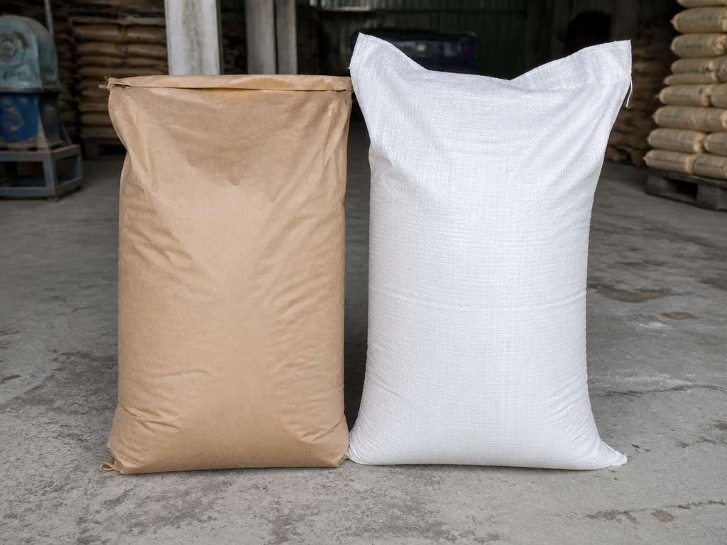 Un sac kraft et un sac tissé blanc côte à côte sur le sol d'un entrepôt, laissant voir la texture tissée