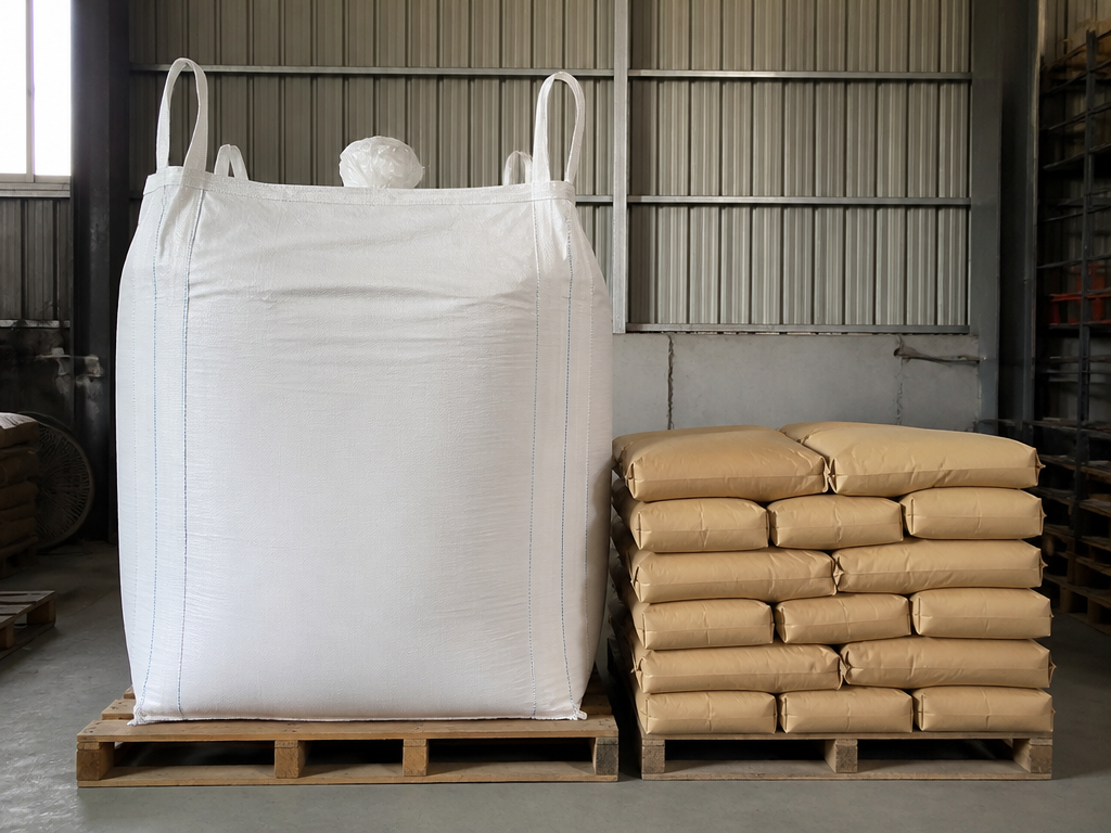 Un big bag blanc sur une palette d'entrepôt, à côté de sacs kraft de 25 kg empilés, permettant de comparer les tailles