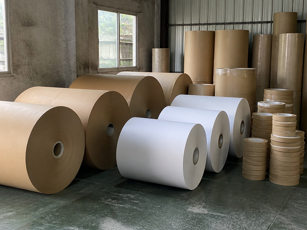 Grandes bobinas de papel kraft marrón y blanco en el suelo de un almacén de materiales, junto a rollos más estrechos apilados