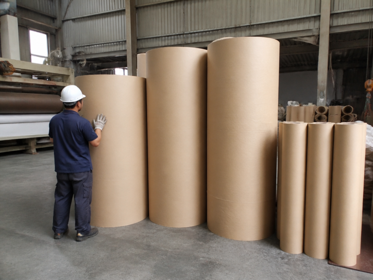 分條加工主題：不同寬度的牛皮紙捲料並排放在工廠地面，工人正在檢視其中一捲