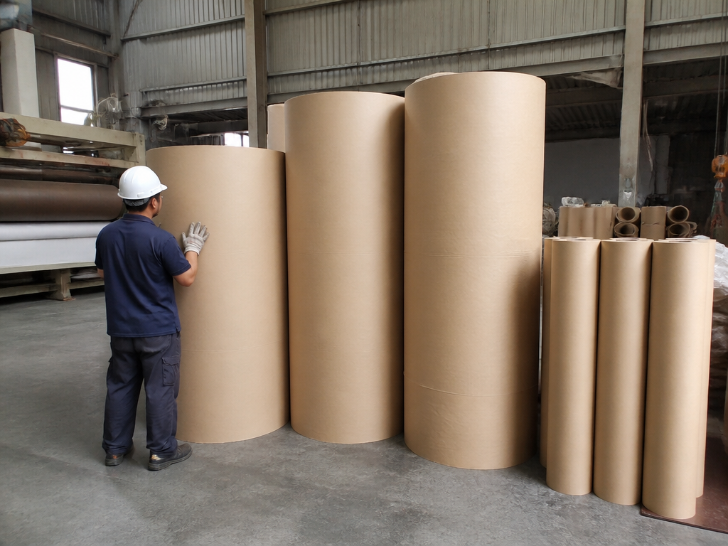Tema de corte en tiras: bobinas de papel kraft de diferentes anchos colocadas una junto a otra en el suelo de la fábrica, con un trabajador inspeccionando una de ellas