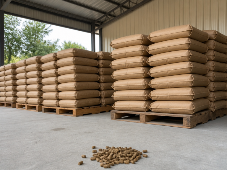 有頂棚的乾燥倉庫內，棧板上整齊堆放的牛皮紙飼料袋