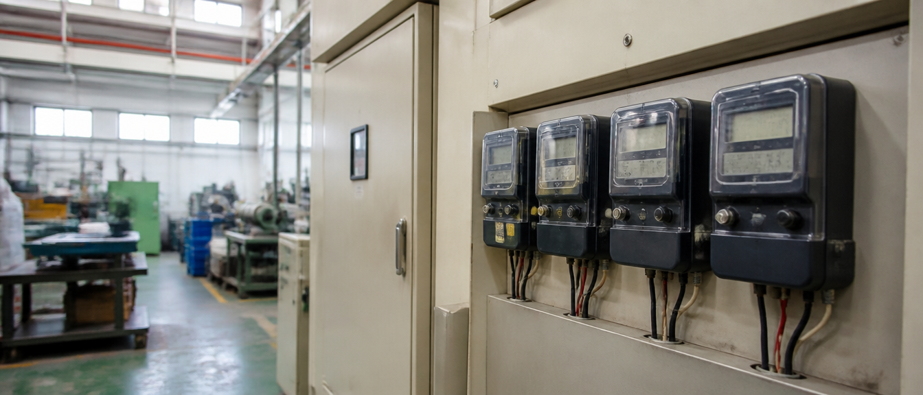 碳盤查是什麼?製造業的範疇、法規與電力數據算法 3 配電盤上一排數位電表,是碳盤查中電力活動數據的來源