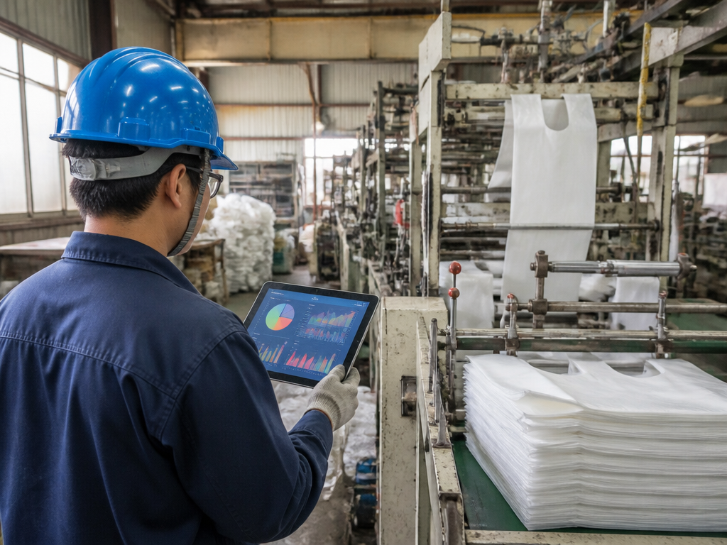 Illustration de la fabrication intelligente : un opérateur tenant une tablette affichant des graphiques abstraits, face à une ligne de production de sacs