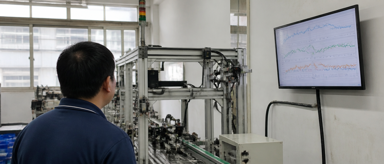 智慧製造案例與趨勢:傳統包裝廠怎麼從Erp與Iot開始 2 機台框架上裝有感測器與線路,旁邊牆面螢幕顯示抽象折線圖