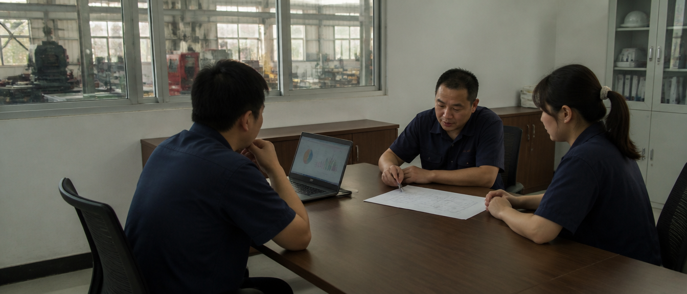 智慧製造案例與趨勢:傳統包裝廠怎麼從Erp與Iot開始 3 三位工廠人員在會議桌旁對照筆電圖表與手繪廠區平面圖