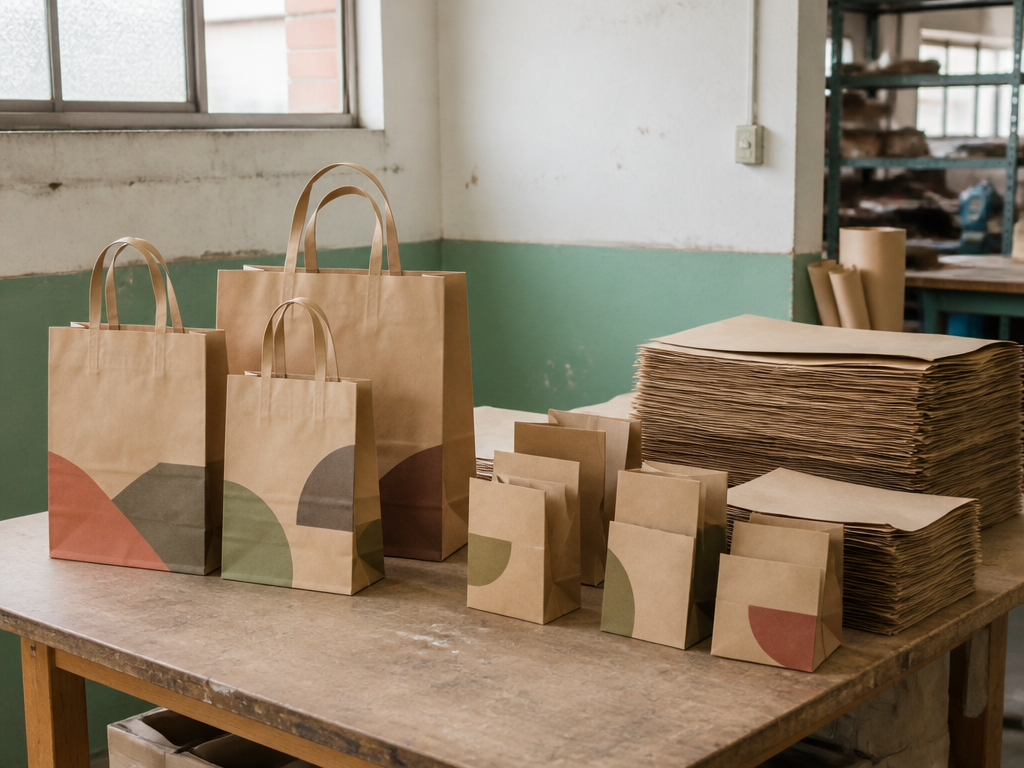 Produits créatifs fabriqués à partir de déchets de papier kraft et sacs fourre-tout écologiques sur un bureau de travail
